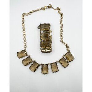 J. Crew Statement Gold Tone Brown Faceted Large Crystal Necklace Bracelet Set